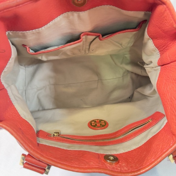 Tory Burch Amanda Red/Orange Pebble Leather Logo Hobo Shoulder Bag No Strap - Picture 12 of 16